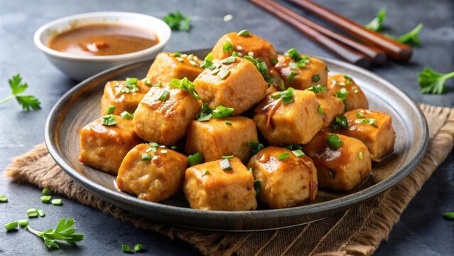 Plate of Baso Tahu (tofu meatballs) with peanut sauce and soy sauce drizzle , Indonesian cuisine, street food