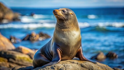 Fototapeta premium Fur seal basking in the sun on a rocky shore, seal, animal, wildlife, sunny, beach, rocks, coast, heat, relaxing, fur