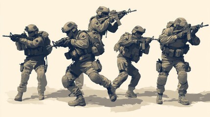 Combat unit illustration in vector format, showing soldiers in tactical gear, detailed and engaging action poses