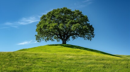 Photo of an oak tree on a grassy hill, with a blue sky background, taken with high resolution photography, and good composition, featuring a green color palette