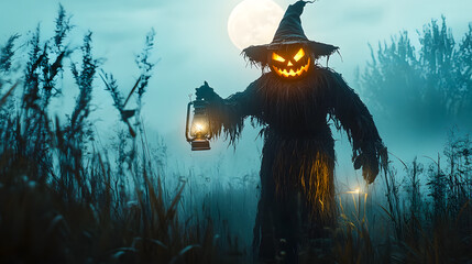 Spooky Scarecrow in Moonlit Field with Lantern
