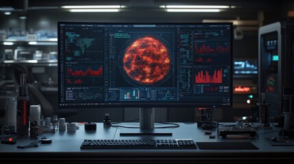 A futuristic computer desk with a monitor displaying a digital image of the sun and various graphs, charts, and data.