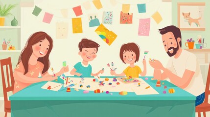 Crafting with kids vector illustrations, showing children and parents creating arts and crafts at the dining table