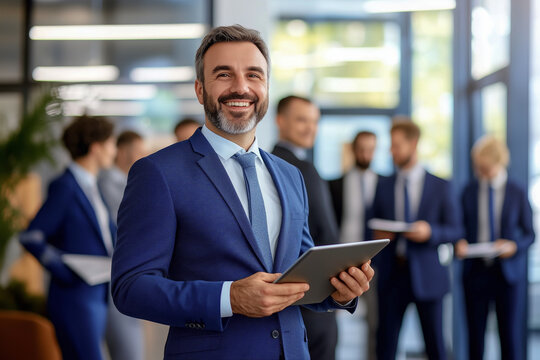 Smiling businessman holding a tablet