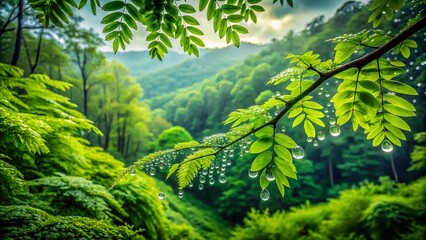 Fototapeta premium Aerial View of Rain Drops on Lush Green Forest Canopy