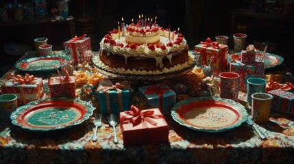 A festive table set with a large cake and colorful gifts.