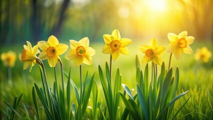 Yellow daffodils blooming in the green grass, spring, flowers, nature, garden, vibrant, sunny, petals, meadow, botanical, flora