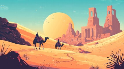 Desert adventure vector illustrations, featuring camel rides, sand dunes, and ancient ruins in desert landscapes