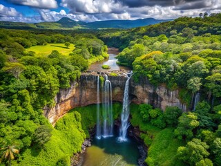 Fototapeta premium Aerial View of Tamarind Falls in Mauritius - Lush Jungle and Cascading Waters