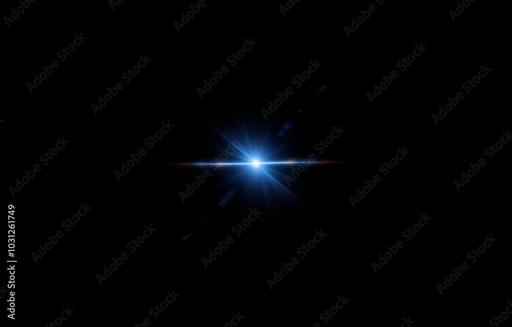 Poster a bright blue light shines in the center of a black background, creating a starburst effect.