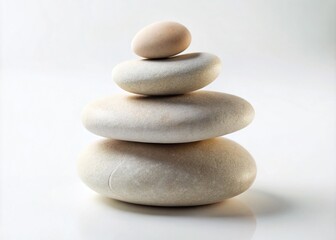 Fototapeta premium Aerial View of Tranquil Pyramid of Zen Stones on White Background for Mindfulness and Relaxation