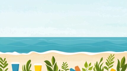 Obraz premium Volunteers Cleaning Beach with Scenic Ocean Background