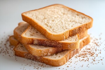 A stack of fresh, sliced bread with a soft texture on a light background, accompanied by scattered sesame seeds.