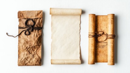 Ancient Parchment Scrolls Displayed on a Neutral Backdrop Generative AI