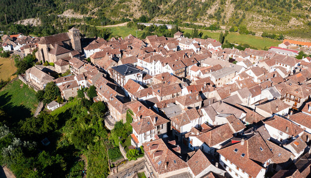 Aerial drone view of Anso village in Anso valley, Huesca, Aragon, Spanish Pyrenees, Spain