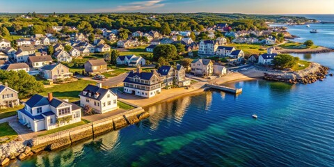 Aerial view of quaint waterfront buildings near Good Harbor Beach in Gloucester, Cape Ann, Massachusetts MA