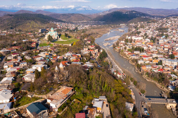 View from drone of Bagrati Cathedral and center of Kutaisi in spring day, Georgia