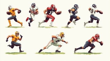 Football players vector illustrations, showing athletes in various action poses like tackling, running, and passing