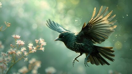 Obraz premium Black Bird in Flight with Green Background