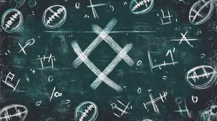 Football tactics vector, depicting X's and O's of a strategic play on a chalkboard-style background