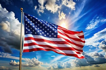 Obraz premium American Flag Majestically Waving Against a Clear Blue Sky in Macro Photography