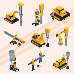 Isometric icons of engineers using drilling equipment and tools.