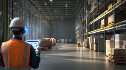 Futuristic warehouse technology, worker using AR for efficient package handling, advanced logistics environment