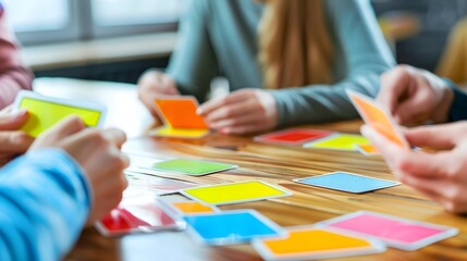 Senior couple playing a memory game with colorful cards, engaging in a brain-stimulating activity at a wooden table. healthy aging, brain health,happy, joy,enjoyment,engagement, social interaction