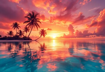 Paradise Sunset: A Tropical Scene with Palm Trees and a Vibrant Sky