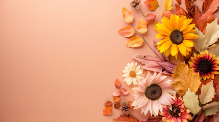 Obraz premium Elegant arrangement of dried flowers and leaves on pastel pink background