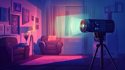 Home movie screening vector, depicting a projector setup for a special movie night at home, cozy atmosphere