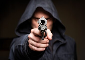 Person in a hoodie pointing a gun towards the viewer, dark background.