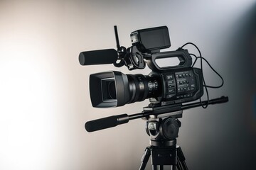 Professional video camera on tripod, white isolate background.