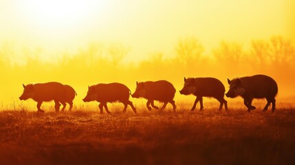Fototapeta premium Wild Boars Walking at Sunrise in Golden Landscape