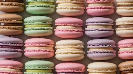 Fototapeta premium Colorful macarons arranged in a delightful pattern on a neutral background.