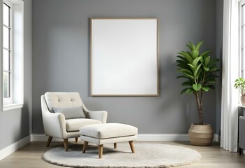 A modern living room with a blank frame wall art