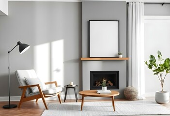 A modern living room with a blank frame wall art