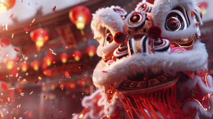 Colorful lion dance in front of traditional Chinese gate during a lively Chinese New Year celebration