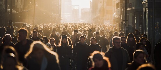 Crowd of people walking in a city street during sunset.