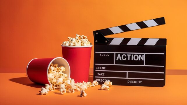 Popcorn and clapperboard on orange background, ready for a movie night.
