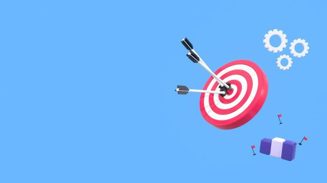 Business Target Concepts Animation With Copy Space Isolated On A Blue Background. Reach The Target Animation. Analyzing Business Goals, Strategy, Achievement, Action Plan. Target Marketing.
