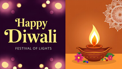 Obraz premium Happy Diwali Background, Colorful clay diya lamps with flowers on purple background