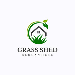 Green home logo design template. Grass storage shed concept. Creative vector symbol.