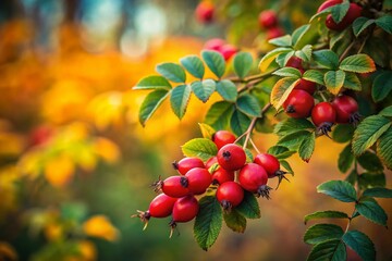 Obraz premium Autumn Rosehip Bush with Red Berries and Green Leaves - Minimalist Nature Photography