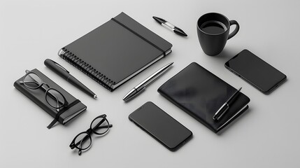 Black office essentials with notebooks, glasses, pen, and coffee on white background. Flat lay composition for modern workspace and productivity.