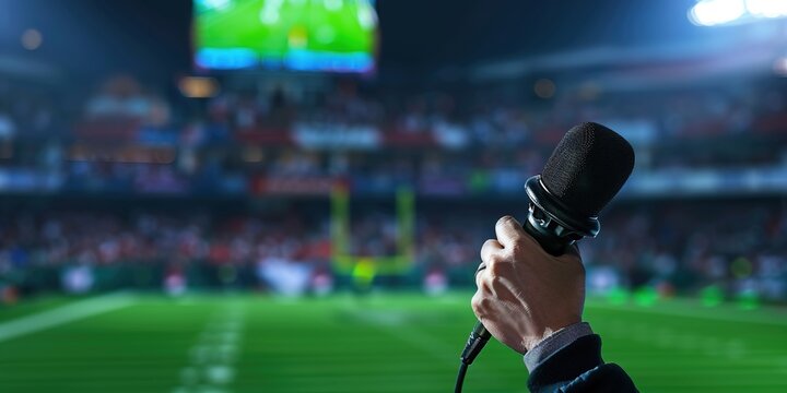 A passionate sports commentator narrating a live event, holding a microphone in a modern broadcasting studio with a blurred stadium background. studio, television,screen,excitement, passion, energy