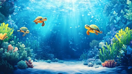 Cartoon Turtles Swimming in Vibrant Underwater Scene