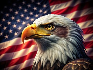 Naklejka premium Bald Eagle Side View Against USA Flag in Darkness - Generative AI Illustration