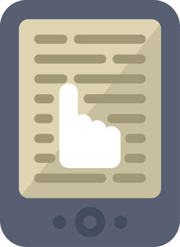 Electronic book reader showcasing digital text with a prominent hand cursor icon symbolizing navigation and interaction