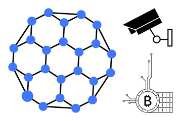 Blue nodes and black lines form a connected web. Further to the right, a security camera is positioned above a bitcoin with circuit lines. Ideal for digital security, blockchain technology